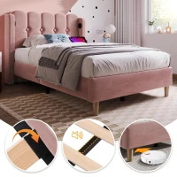 Practical Single Bed with USB and Type-C Charging Ports, Cozy Bed Frame with Grille Design Panel Headboard, 197L x 103W x 103H cm, Pink(m-6)
