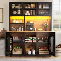 Tall Multi‑Purpose Storage Cabinet with App‑Controlled LED Lighting, Retro-Style Kitchen Hutch for Kitchen or Living Spaces, 140L x 40W x 185H cm, Black(m-9)