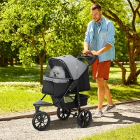 PawHut Carrito para Perros con 3 Ruedas Ventanas de Malla Cesta de Almacenaje y Correas de Seguridad 109,5x57,5x106,5 cm Gris(m-2)