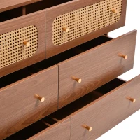 Rattan Sideboard Cabinet with 2 Perforated Rattan-Front Drawers, Walnut 6-Drawer Dresser for Lounge or Dining Areas, 120L x 40W x 90H cm, Walnut(m-9)