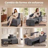 HOMCOM Sofá Cama 1 Plaza Convertible 4 en 1 Sillón Cama Tapizado en Terciopelo Respaldo Ajustable Gris Oscuro(m-4)