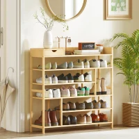 HOMCOM Schoenenrek, Schoenenhouder met 6 niveaus, Lade van bamboe, voor max. 18 paar schoenen, Schoenplank voor entree, slaapkamer, 101 x 30 x 100 cm, Natuur(m-2)