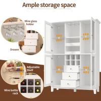 White Wine Cabinet with App-Controlled RGB LED Lighting, Adjustable-Dlass-Shelf Showcase with Wine Rack and Glass Holder, 120L x 40W x 180.5H cm, White(m-4)