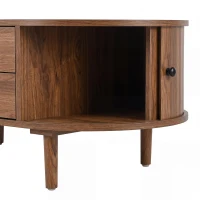 Spacious Room Table with Sliding Doors and 2 Drawers, Retro Oval Coffee Table with Vertical Slats and Clean Lines, 100L x 50W x 40H cm, Walnut(m-10)