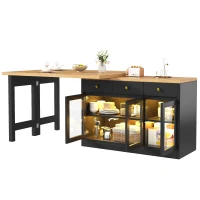 Extendable Kitchen Island with LED Lighting and Glass Cabinets, Space-Saving Dining Cart for Cosy Flats, 120L x 40W x 75.5H cm, Black(m-11)