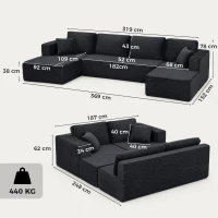HOMCOM Canapea modulară în U cu 2 chaiselongue, canapea extensibilă tip cord cu spumă de înaltă densitate și șezut cu arcuri, Gri închis(m-3)