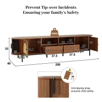 Space-Saving TV Stand with 2 Sliding Doors and 2 Drawers, Stylish TV Cabinet with Rattan Doors and Metal legs, 200L x 40W x 50H cm, Walnut(m-3)