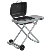 Outsunny Barbacoa de Gas Plegable con Quemador 2,5 kW Tapa Termómetro Mesa Lateral y 2 Ruedas Parrilla Recogedor Grasa Negro(m-1)