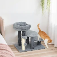 PawHut Kratzbaum und Katzentreppe, breite Basis, Plüschstoff, Sisalkratzsäule, Grau(m-10)