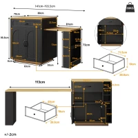 Extendable Kitchen Island with Dining Table, Multifunctional Storage Cabinet with Wine Rack and LED Base Light, 141L x 70W x 101.5H cm, Black(m-3)