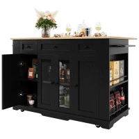 Stylish Kitchen Island with Foldable Worktop and Dining Extension, Space-Saving Dining Cart for Cosy Flats, 151.5L x 60W x 91.5H cm, Black(m-11)