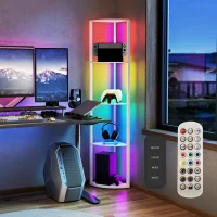 HOMCOM RGB LED Floor Lamp with Shelves, 4-Tier Dimmable Standing Lamp with Adjustable Brightness and Remote Control, Modern Corner Display Shelf Unit for Living Room Bedroom Office, White(m-8)