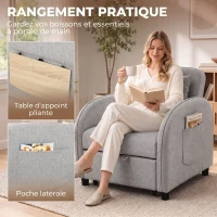 HOMCOM Fauteuil Convertible 1 Place, Fauteuil-Lit Clic-Clac 3 en 1, Dossier Réglable, Tablette Latérale Rabattable, Gris(m-7)