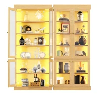 Modern Freestanding Display Cabinet with Height-Adjustable Shelves, LED Lighted Tall Showcase for Industrial Interiors, 80L x 40W x 180H cm, Natural(m-14)
