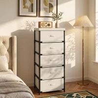 HOMCOM Commode de chambre avec 5 tiroirs en tissu, cadre en acier, commode pour salon, bureau, dressing, beige(m-2)