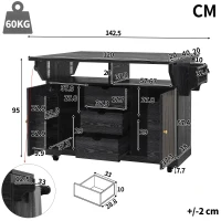 Foldable Serving Trolley with Ample Hidden Storage, Mobile Kitchen Island for Balconies or Dining Room, 142.5L x 40W x 95H cm, Black(m-3)