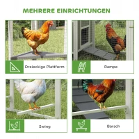 PawHut Großer Hühnerstall für 7-10 Hühner, Sitzstangen, Schaukel, Fenster, Nistkästen, Maschendraht, Grau(m-5)