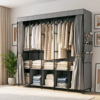 HOMCOM Armario de Tela con 5 Barras 5 Estantes 6 Bolsillos Laterales Cremallera Marco de Acero 212x45x167 cm Gris(m-15)