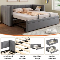 Space-Saving Daybed with Pull-Out Trundle, Ideal Bed Frame for Studios, Living Rooms, or Multi‑Purpose Guest-Spaces, 200L x 140W x 100H cm, Grey(m-4)