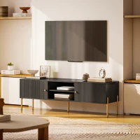 HOMCOM TV Stand for TVs up to 65", Entertainment Center with 2 Open Shelves, 2 Cabinets and Steel Legs for Living Room, Black(m-9)