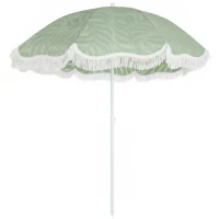 Outsunny Sombrilla de Playa con Flecos Ø180 cm Altura Ajustable Inclinación Anclaje Arena y Bolsa de Transporte UPF30+ Verde(m-11)