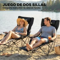 Outsunny Conjunto de 2 Sillas Plegables Camping Reclinables con Reposapiés Desmontable Reposacabezas Portavasos y Bolsa Negro(m-4)