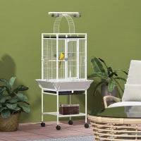 PawHut Vogelkäfig, Papageienkäfig mit 3 Türen, 2 Sitzstange, 360° Rollen, Futternapf, Ablage, Freisitz, 62,5x62,5x156cm, Weiß(m-10)