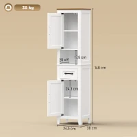 HOMCOM Armario de Baño Alto y Estrecho Rústico con Cajón Estante Abierto Puertas y Estantes Ajustables 34,5x30x148 cm Blanco(m-3)