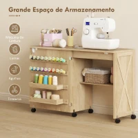 HOMCOM Mesa Dobrável para Máquina de Costura com Porta Magnética, 2 Compartimentos, Prateleira, 18 Suportes para Linhas e 5 Rodas, Madeira Natural(m-4)