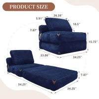 3-in-1 Convertible Corduroy Floor Sofa Bed with Side Pockets, Oversized Chaise Lounge for Bedrooms or Student Dorms, 87L x 86W x 40H cm, Blue(m-3)