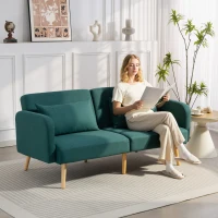HOMCOM Slaapbank, 3-zitsbank met slaapfunctie, 2 kussens, gestoffeerde bank met verstelbare rugleuning, linnenlook, groen(m-2)