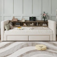 Practical Upholstered Daybed with Pull-Out Trundle, Ideal Bed Frame for Studios, Living Rooms, or Guest Spaces, 200L x 140W x 100H cm, Beige(m-6)