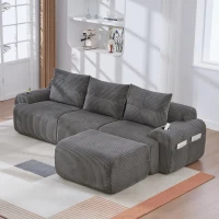 Corduroy L-Shaped Sectional Sofa with Integrated Cup Holders, 3-Seater Modular Cord Sofa for Living Rooms, 268L x 174W x 80H cm, Dark Gray(m-9)