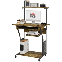 HOMCOM Mesa de Computador com Rodízios e Prateleiras de Arrumação Estação de Trabalho com Bandeja para Teclado 80x50x130 cm Castanho(m-7)