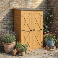 Outsunny Caseta de Jardín de Madera 115x53x156 cm Armario para Herramientas con Puertas Dobles y Estantes Techo Inclinado Marrón(m-9)