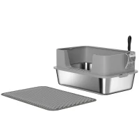 PawHut Katzentoilette Edelstahl Offene Katzenklo mit Schaufel hohem Rand Matte für Katzen bis 7 kg 60,2 x 40,2 x 29,5 cm, Grau(m-1)