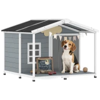 PawHut Hundehütte wetterfestes Erhöhtes Hundehaus aus Holz mit Asphaltdach, Terrasse, für mittelgroße Hunde 103x107x83,5cm Grau(m-12)