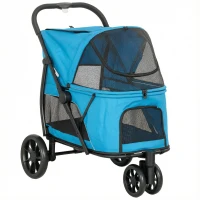 PawHut Carrito para Perros Plegable con 3 Ruedas Ventanas de Malla Cojín Lavable Todo Terreno Carga 20 kg 92x63x95 cm Azul(m-1)