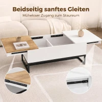 HOMCOM Ausziehbarer Couchtisch, moderner Wohnzimmertisch mit verschiebbarer Platte, verstecktem Stauraum und Stahlbeinen, Weiß(m-4)