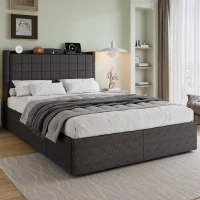 Spacious Upholstered Bed with 4 Under‑Bed Drawers, Cozy Bed Frame with Soft Headboard and Linen Surface, 208L x 140W x 111H cm, Grey(m-1)