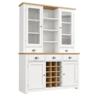 Kitchen Pantry Cabinet with Wine Rack and Adjustable Shelves, Glass-Door Buffet Sideboard with 5 Deep Drawers, 120L x 40W x 185H cm, White(m-10)