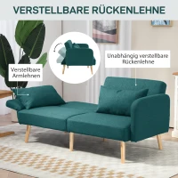 HOMCOM Slaapbank, 3-zitsbank met slaapfunctie, 2 kussens, gestoffeerde bank met verstelbare rugleuning, linnenlook, groen(m-6)