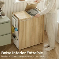 HOMCOM Cesto de Ropa Sucia de Bambú con Tapa 120L con 2 Bolsas con Cordón Extraíbles y Lavables Bolsillos Laterales Natural(m-5)