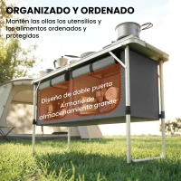 Outsunny Mesa de Cocina de Camping Plegable con Armario de Tela Oxford Marco de Aluminio para Picnic 120x47x70 cm Plateado(m-5)