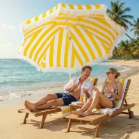 Outsunny Sombrilla de Playa con Flecos Ø180 cm Sombrilla de Terraza Exterior Altura Ajustable Inclinación 30° Amarillo y Blanco(m-9)