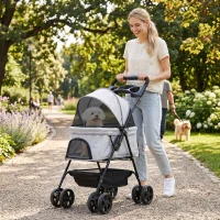 PawHut Carrito para Perros Pequeños con 4 Ruedas Freno Cesta Capota Correas de Seguridad y Ventanas 67x45x96 cm Gris Claro(m-2)