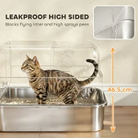 PawHut XXL Stainless Steel Cat Litter Tray, Enclosed Cat Litter Box with 90° Flip Cover, Double Doors, Scoop, Easy Clean, Grey(m-5)