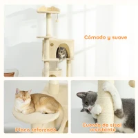PawHut Árbol Rascador para Gatos 180 cm con Plataformas Cama 2 Cuevas Hamaca Escalera Postes de Sisal Beige(m-7)