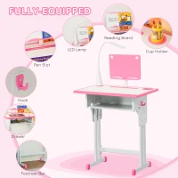 HOMCOM Kids Desk and Chair Set Adjustable Height Study Table Set with Drawer, Book Stand, Pen Slot - Pink(m-5)