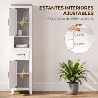 HOMCOM Armario de Baño Alto y Estrecho Rústico con Cajón Estante Abierto Puertas y Estantes Ajustables 34,5x30x148 cm Blanco(m-5)